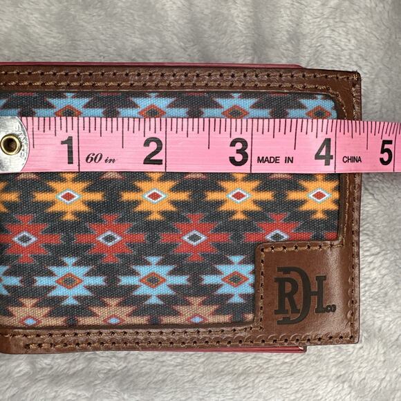 Red Dirt Hat Co Bifold Wallet Leather Southwest Aztec Canvas Inlay Bison Grain - Picture 7 of 10